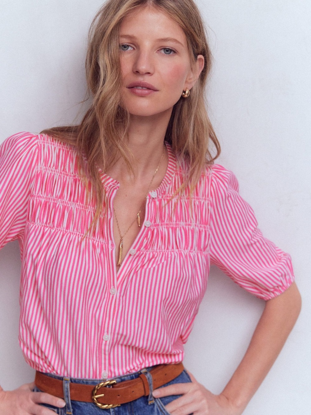 Boden Pink & White Striped Smocked Puff-Sleeve Blouse - Picture 5 of 12